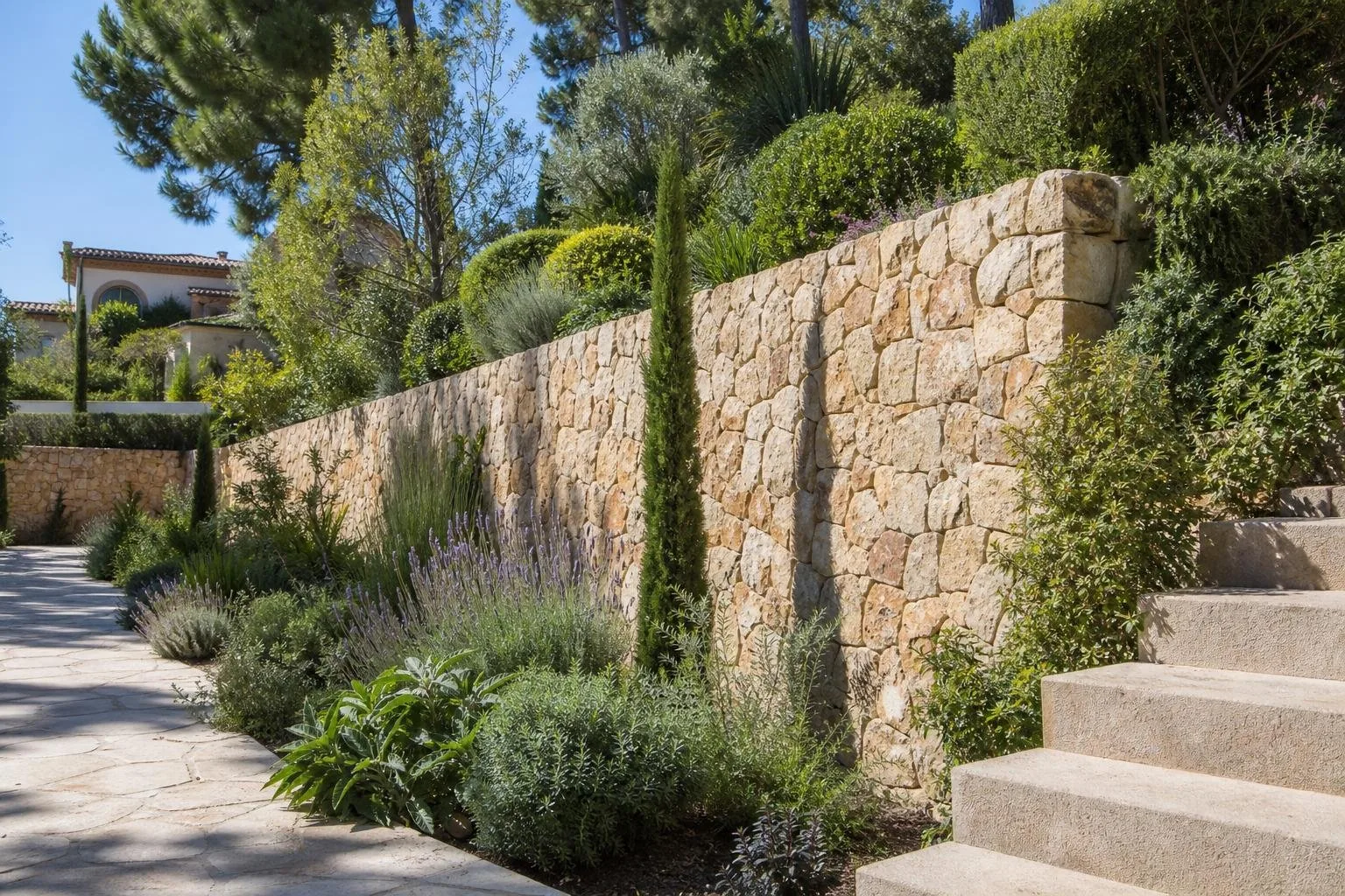 Muro de contención de piedra en el jardín de una villa