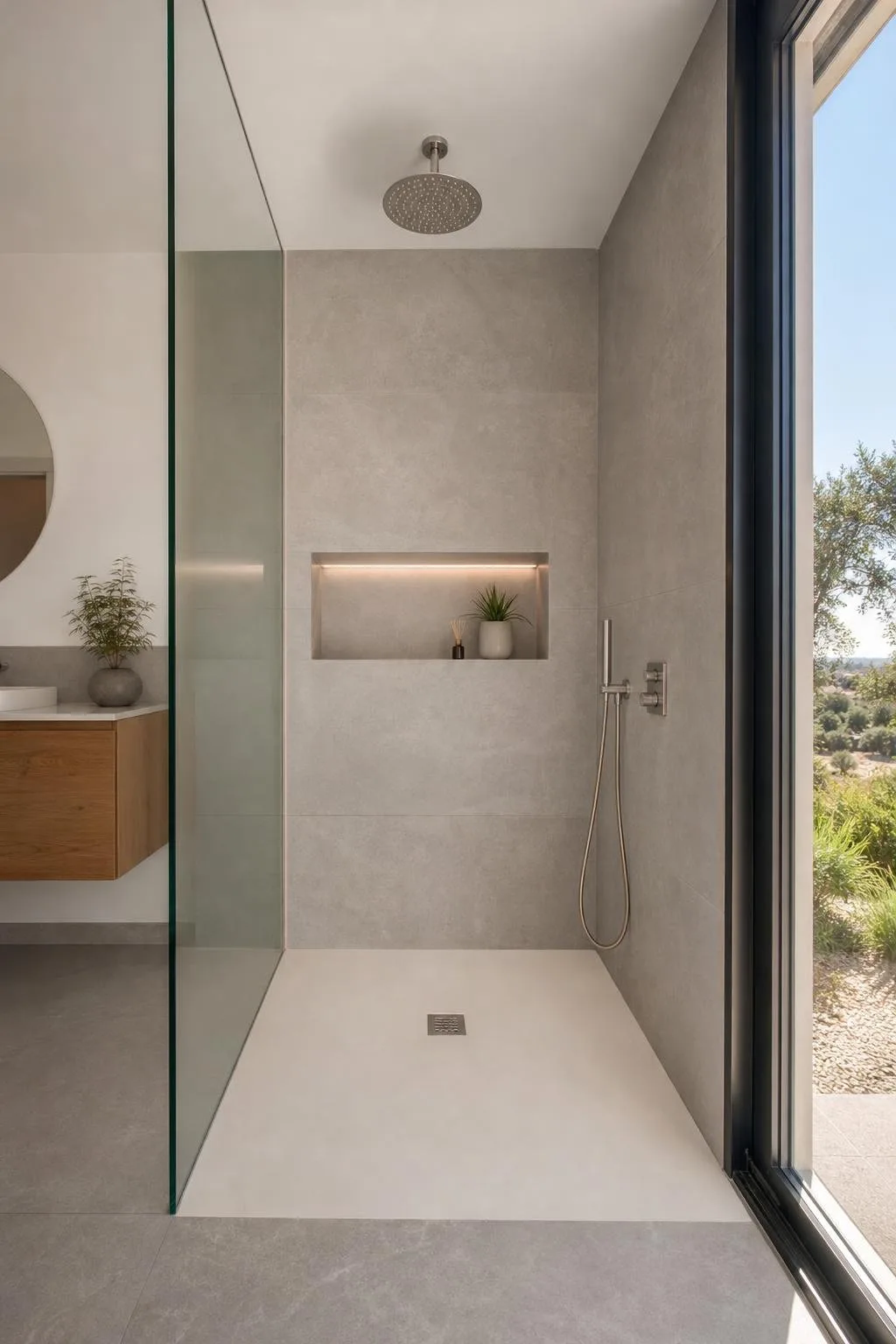 Ducha a ras de suelo con mampara de cristal y azulejo gris de gran formato