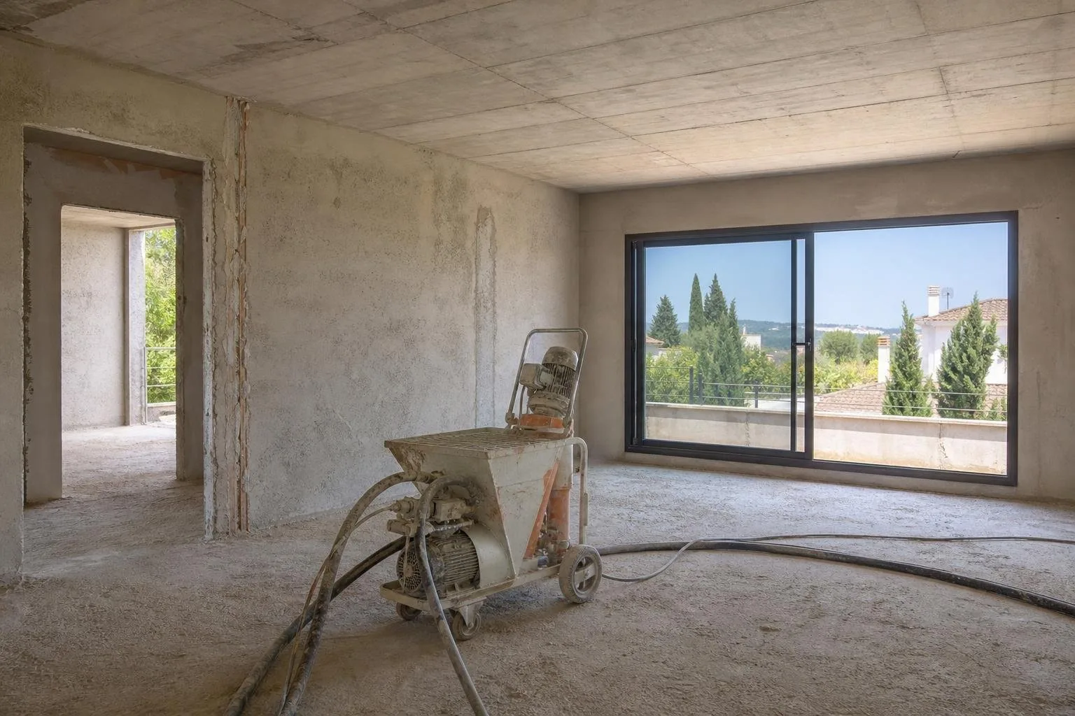 Máquina de proyección de yeso con mangueras en una vivienda en obra