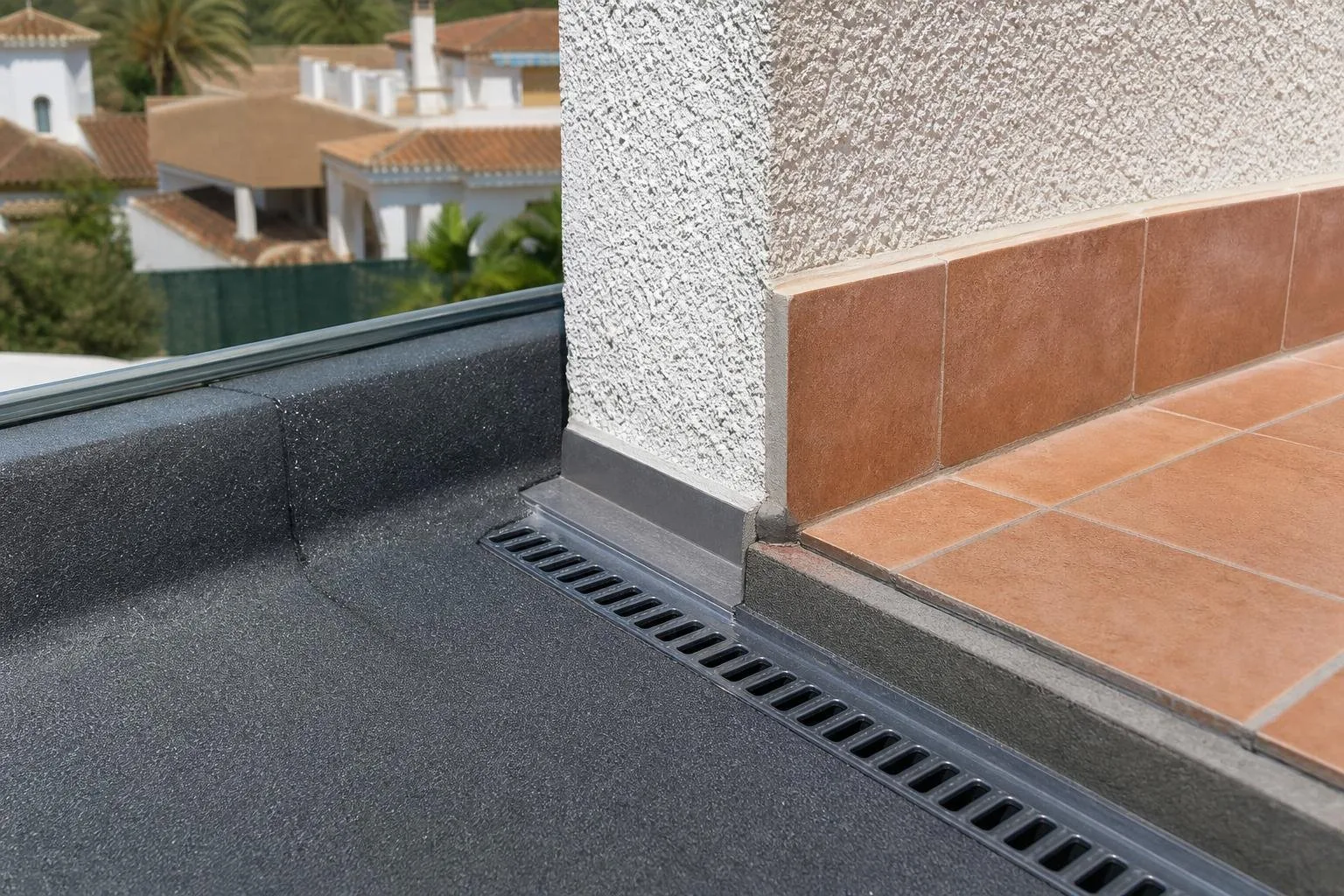 Detalle de borde de terraza con rodapié y desagüe impermeabilizado