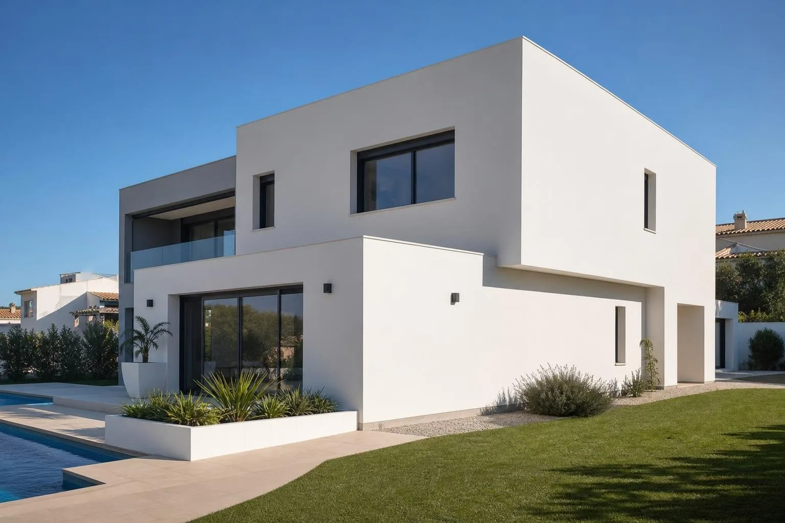 Fachada de casa terminada con acabado liso blanco sobre aislamiento