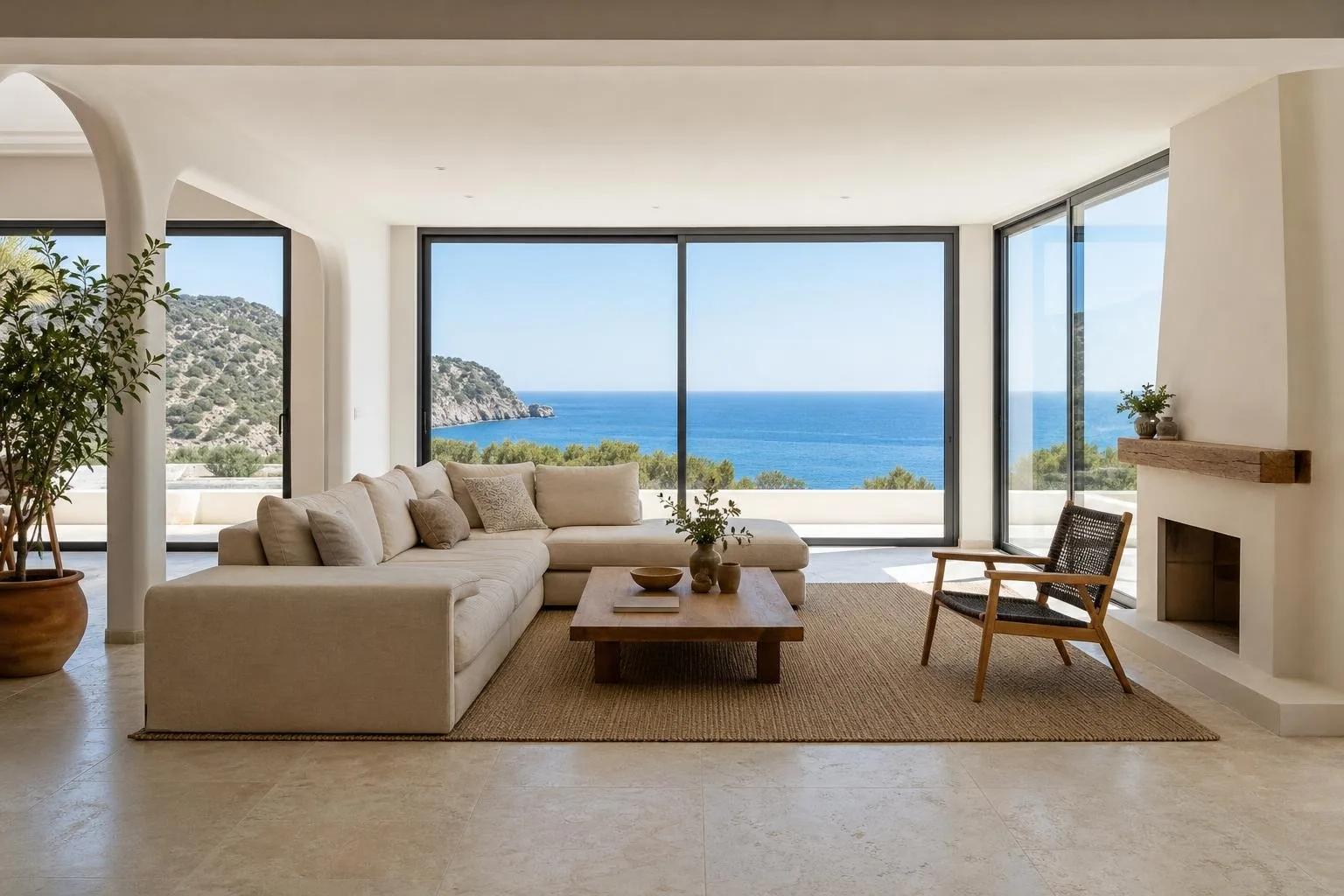 Salón de villa reformada con ventanales y vistas al mar
